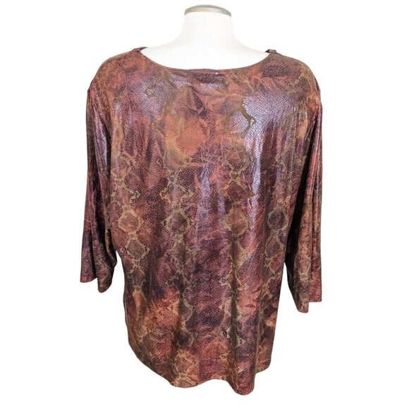 Womens Snakeskin Print Top Plus 2X Edgy Brown Leather Look Reptile Grommet - Picture 4 of 8